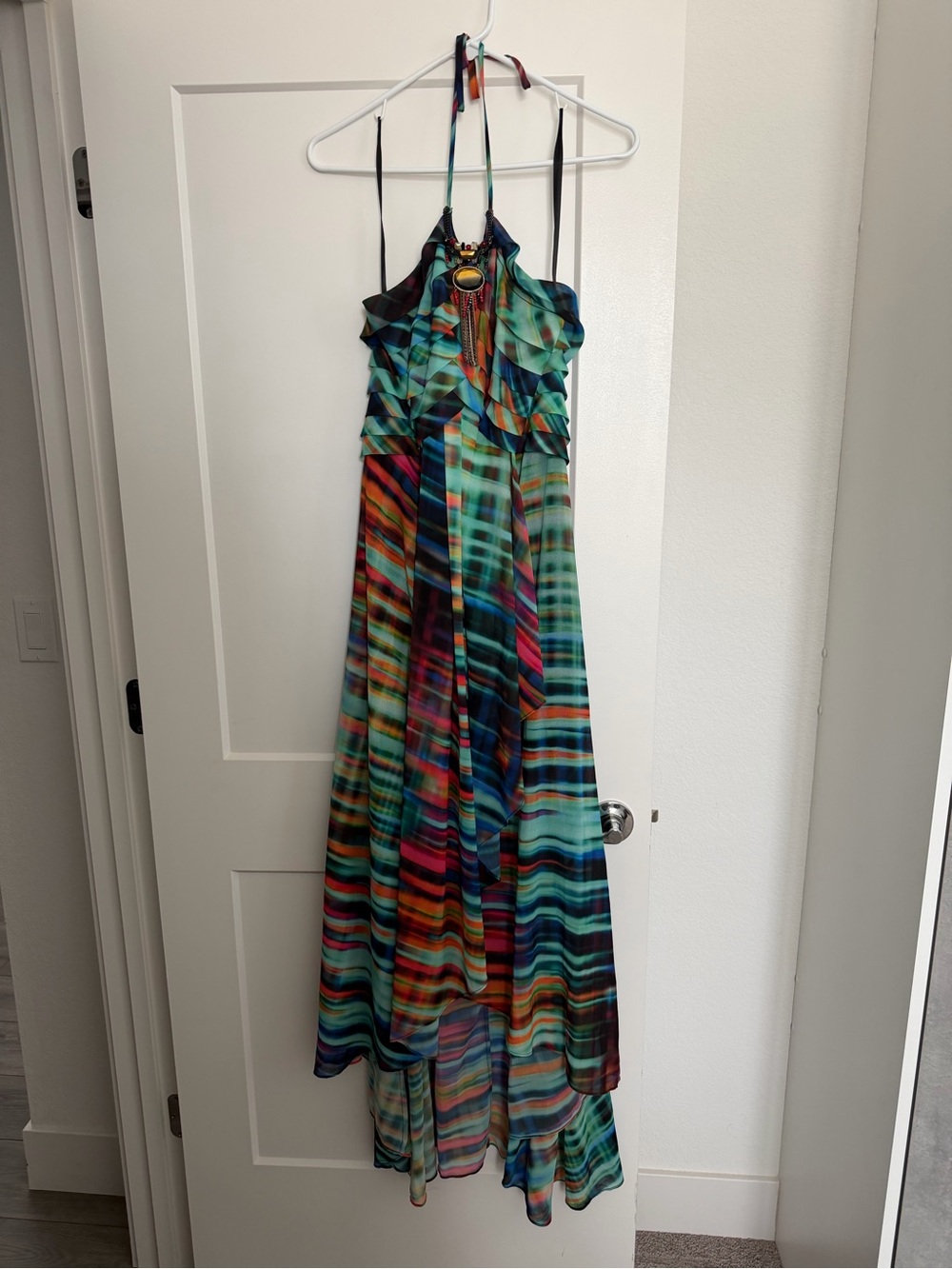 bebe Multicolor Striped Halter High-Low Maxi Dress